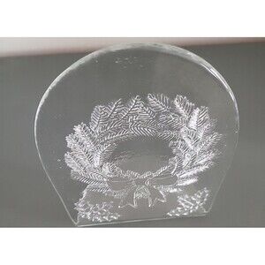 Vintage Votive Tea Light Candle Holder Art Glass Holly & Wreath 7" EUC